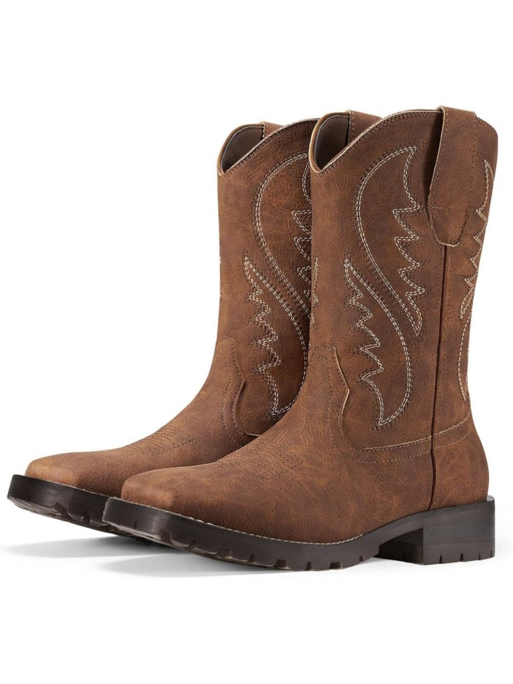 Men's Brown Synthetic Western Cowboy Square Toe Embroidered Pull-On Boots
